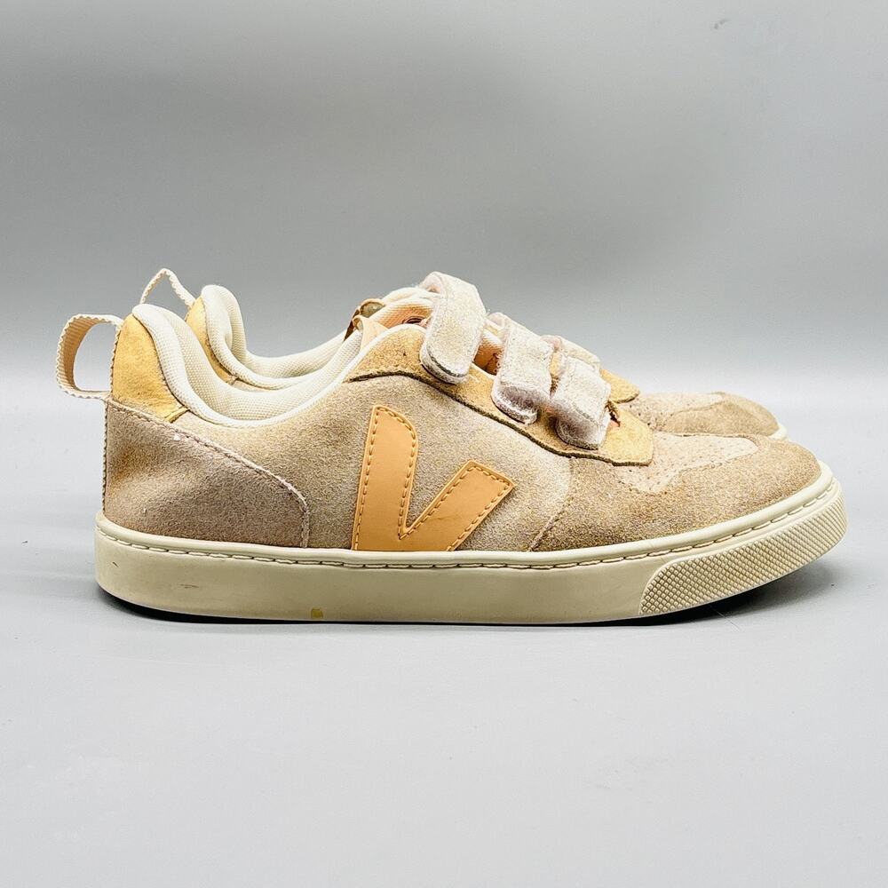 Veja Shoes Girls 4 Beige Tan Suede Hook & Loop Strap Low Top Athletic Sneakers